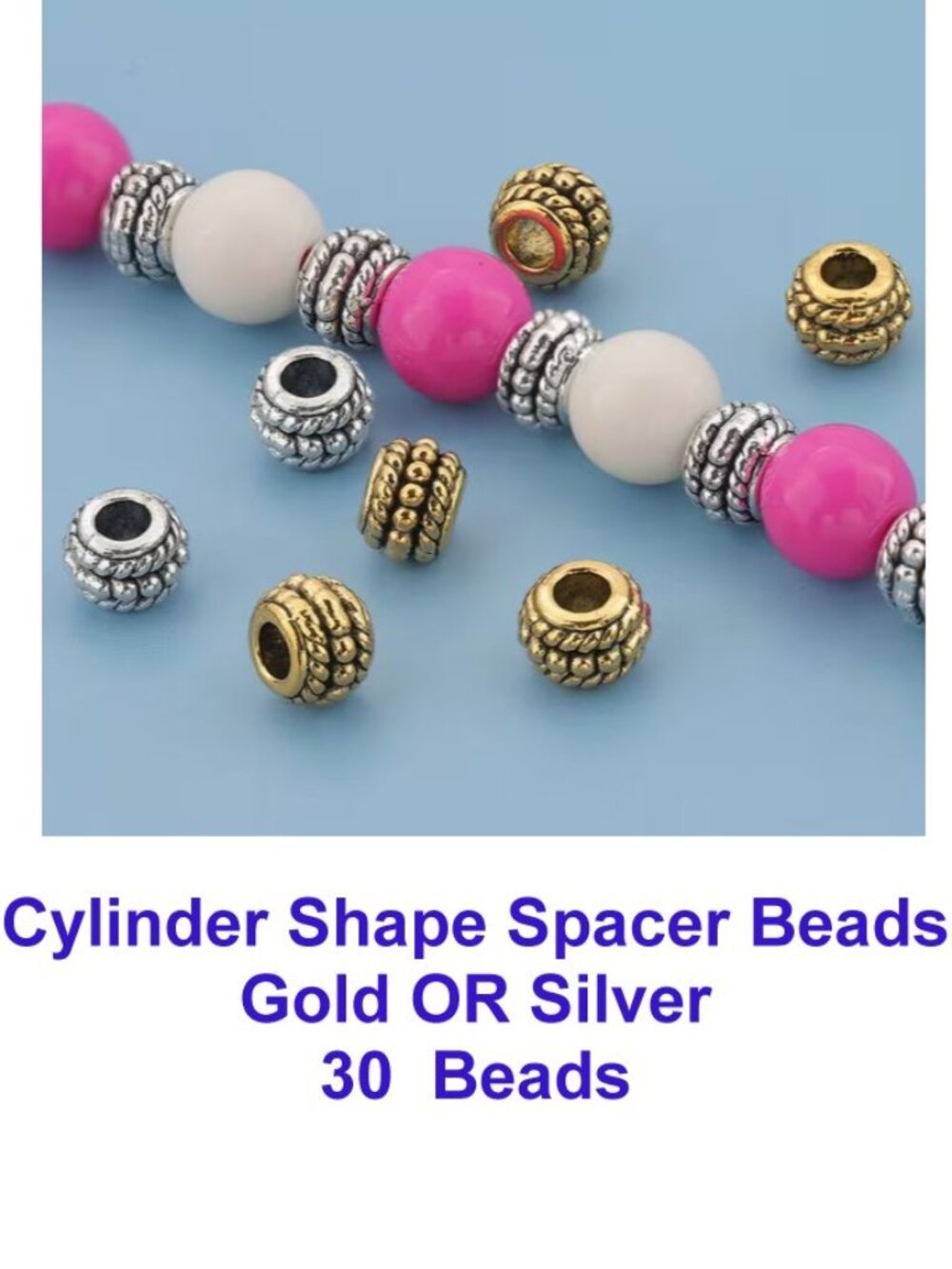 Cylindrical Spacer Beads Golden Color OR Silver Color 30 Loose Beads